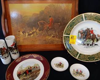 Lot #27: English Hunt Scene lot including a wooden tray, ceramic items, china