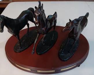 Lot #19: lot of 3 solid bronze horse sculpures on display stand by Gill Parker, The Origins of Champions, Godolphin Arabian, Darley Arabian, Byerley Turk