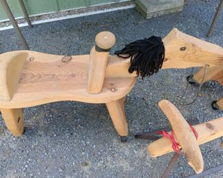 Lot #34: Child's 3-piece wooden Roping Set, the horses are on casters