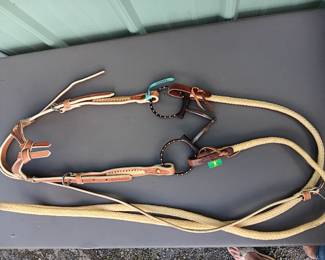 Lot #103: Tory Leather bridle with waxed rope and handmade bit from Dutton Bits, Los Lunas, NM