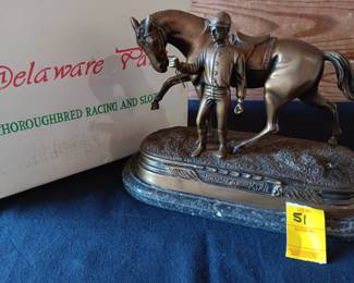 Lot #51 Delaware Park Racetrack commemorative bronze and marble horse and jockey statue