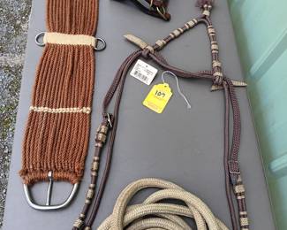 Lot#107: brown-tan Vaquero head stall, sash, pony bridle, lead line