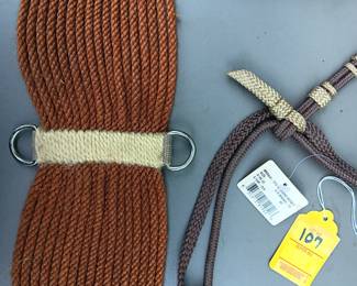 Lot#107: brown-tan Vaquero head stall, sash, pony bridle, lead line