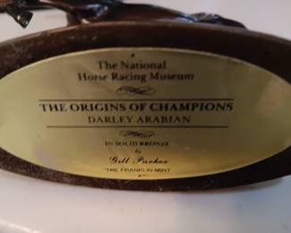 Lot #19: lot of 3 solid bronze horse sculpures on display stand by Gill Parker, The Origins of Champions, Godolphin Arabian, Darley Arabian, Byerley Turk
