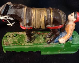 Vintage cast iron mechanical bank, as is, made in Tiawan, "Always did spise a mule"
