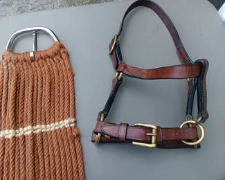 Lot#107: brown-tan Vaquero head stall, sash, pony bridle, lead line