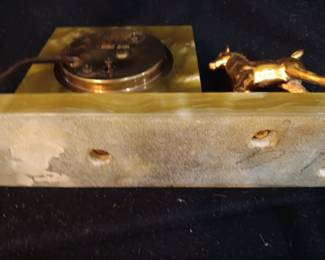Lot #8: Vintage General Electric Sessions clock with horse from the 1940's with gold-colored horse. The Streamline Moderne design clock works! Sits on a green onyx-like base. 12" long x 3" wide x 7" tall
