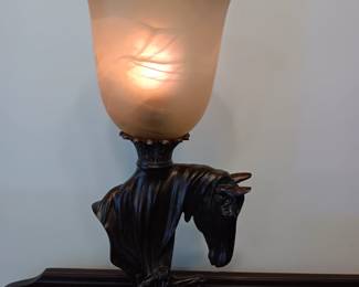 Lot 18: Horse Head lamp with glass shade 16" tall