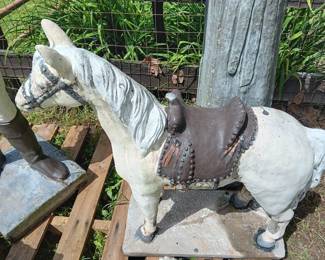 concrete horse 30" tall, sits on a 10" x 21" base