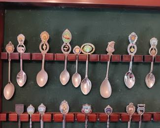 Lot #26: Bombay Company wooden display case with Collectible spoons, 31 spoons total
