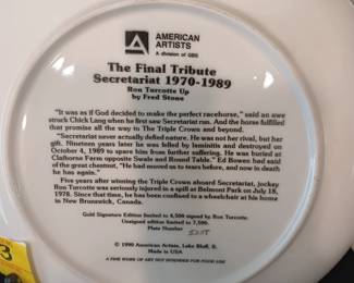 Lot #3: "The Final Tribute Secretariat 1970-1989 #5258 of 7500 Plate and book. Signed in person for Sherry Lane by Penny Chenery and Jim Caffney (no documentation of the signatures provided)