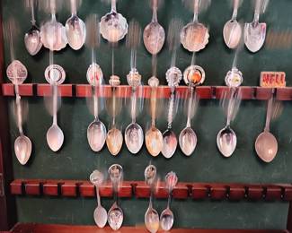 Lot #26: Bombay Company wooden display case with Collectible spoons, 31 spoons total