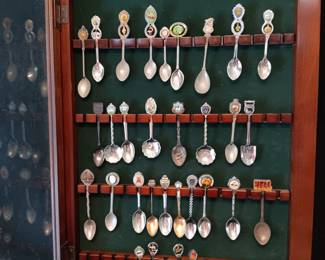 Lot #26: Bombay Company wooden display case with Collectible spoons, 31 spoons total