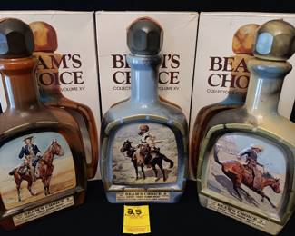 Lot #25: lot of 3 Beam's Choice empty bottles and original boxes, Frederic Remington, The Cowboy 1902, The Indian Trapper 1902, and Lt S C Robertson 1902