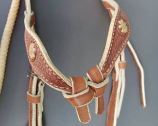 Lot #103: Tory Leather bridle with waxed rope and handmade bit from Dutton Bits, Los Lunas, NM
