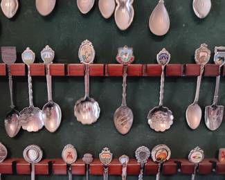 Lot #26: Bombay Company wooden display case with Collectible spoons, 31 spoons total