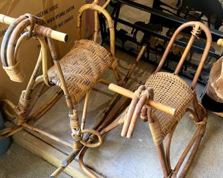 Antique wicker and rattan child-sized rocking horses