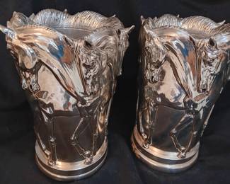 Pair of .999 silverized Horse Vases by Marcello Giorgio. Originally purchased in 2000 in New York City, we have the original receipt. Weight is 12 pounds each and 12" tall by 7" wide each.