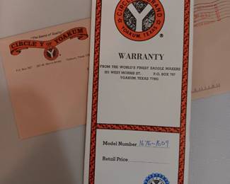 Original Circle Y Registration and a letter to the homeowner thanking her for her purchase of saddle and blanket, dated 1996
