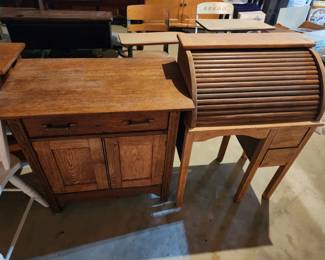 Small roll top desk, wood cabinet 