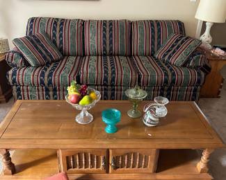 Clayton Marcus sofa.  Coffee table matches side hexagonal end table with storage