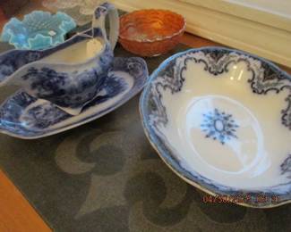 flow blue gravy boat and underliner and bowl