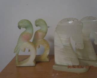 Italian Alabaster cockatoo bookends and white onyx horse head bookends