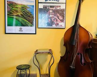 PGA Championship Whistling Straights poster, 2001 Duke national championship poster, Victorian marble top side table, glass peacock plant stand