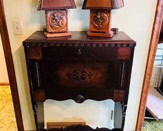 Vintage secretary, desk, Albert Gillis copper lamps