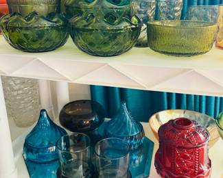 Vintage glassware, colored glass, avocado green glass, blue glass