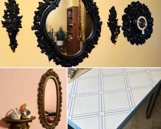 HOMCO mirrors, wall shelves, and candle sconces, vintage metal fold out leaf table