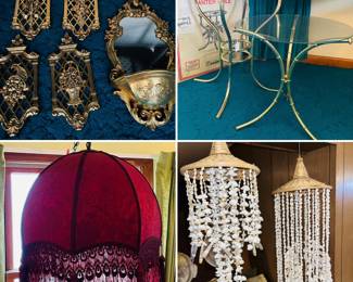 HOMCO sconces and mirror, Puka shell hanging art, brass plant stands/tables, vintage/antique hanging lamp