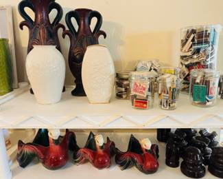 Hull pottery, ceramic swans, ceramic insulators, vintage matchbooks, Lenox vases