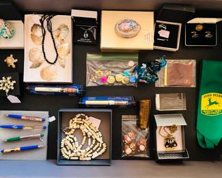 Miscellaneous jewerly, vintage motion/pens, John Deere necktie, Fenton glass elephant