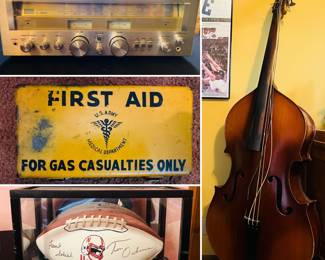 Frank Solich and Tom Osborne autographed football, yellow gas casualties military first aid container, Sansui G-3000 receiver, King Mortone Upright Bass guitar