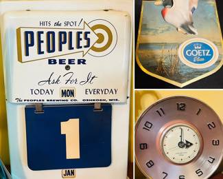 Vintage People’s Beer wall hanging calendar advertising, vintage Goetz beer trophy series wall hanging advertising, vintage General Electric wall clock