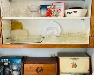Wooden bread box, yellow plastic picnic set, metal/tin breadbox, miscellaneous kitchenware