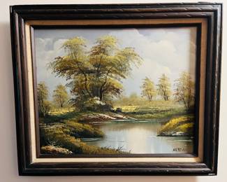 Vintage signed river/trees oil painting
