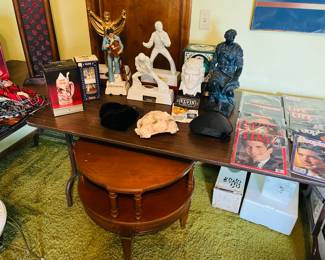 Vintage magazines, vintage Elvis decanters, vintage Mersman tiered side table