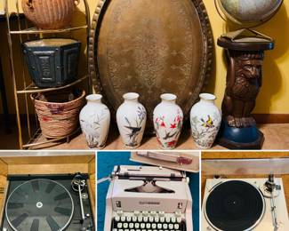 Hermes 3000 typewriter, Dual 604 turntable, Technics turntable, giant brass tray platter, gargoyle plant stand, vintage globe, brass plant stand, vintage wicker waste basket, ceramic planters