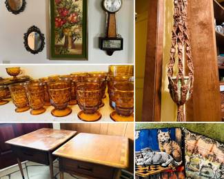 Lane Acclaim side tables, Indiana glass snack sets, Indiana glasses, vintage tapestry, macrame pant hanger