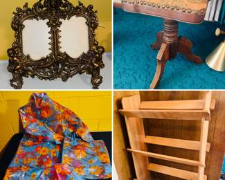 Vintage brass picture frame, antique piano stool, vintage groovy/floral rain jacket, vintage bookshelf
