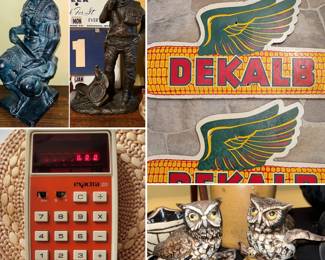 Vintage Austin Productions Giuliano de' Medici statue, Texas Instruments Exactra 20 calculator, vintage DeKalb seed signs, Terrance Patterson “The Drifter” statue