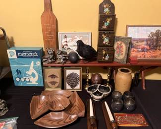 Vintage Chip and dip serving platter, vintage wall candle sconces, butterfly taxidermy, ceramic owls, emu egg, vintage microscope, vintage paint by numbers wall art, fraternity paddle, salt glazed stoneware