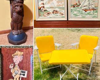 Vintage Russel Wright folding table and chair set, vintage gargoyle plant stand, Vintage paint by numbers wall art, Texas A&M Aggie Dirk West art