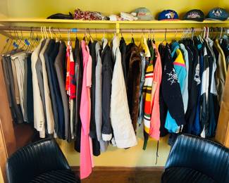 Vintage clothing, vintage hats, two vintage leather barstools