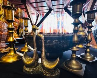 Vintage brass figurines, brass swans, brass candlesticks holders, brass bowl