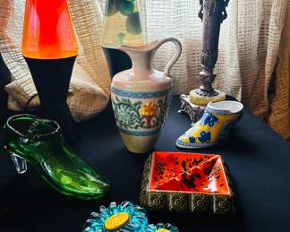 Lava lamps, lucite floral decor, vintage ashtray