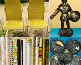Vintage wallpaper, vintage contact pape Souvenir metal state trays, brass knight figurine, vintage wicker patio chairs