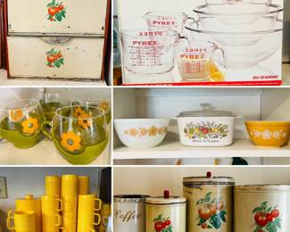 Pyrex container set, Pyrex floral glasses, vintage plastic Rubbermaid serving set, tin kitchen canisters, metal breadbox